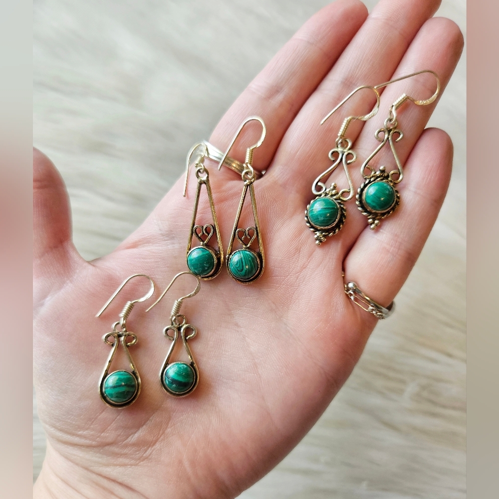 Vintage 925 Malachite Earrings - Picture 3 of 6